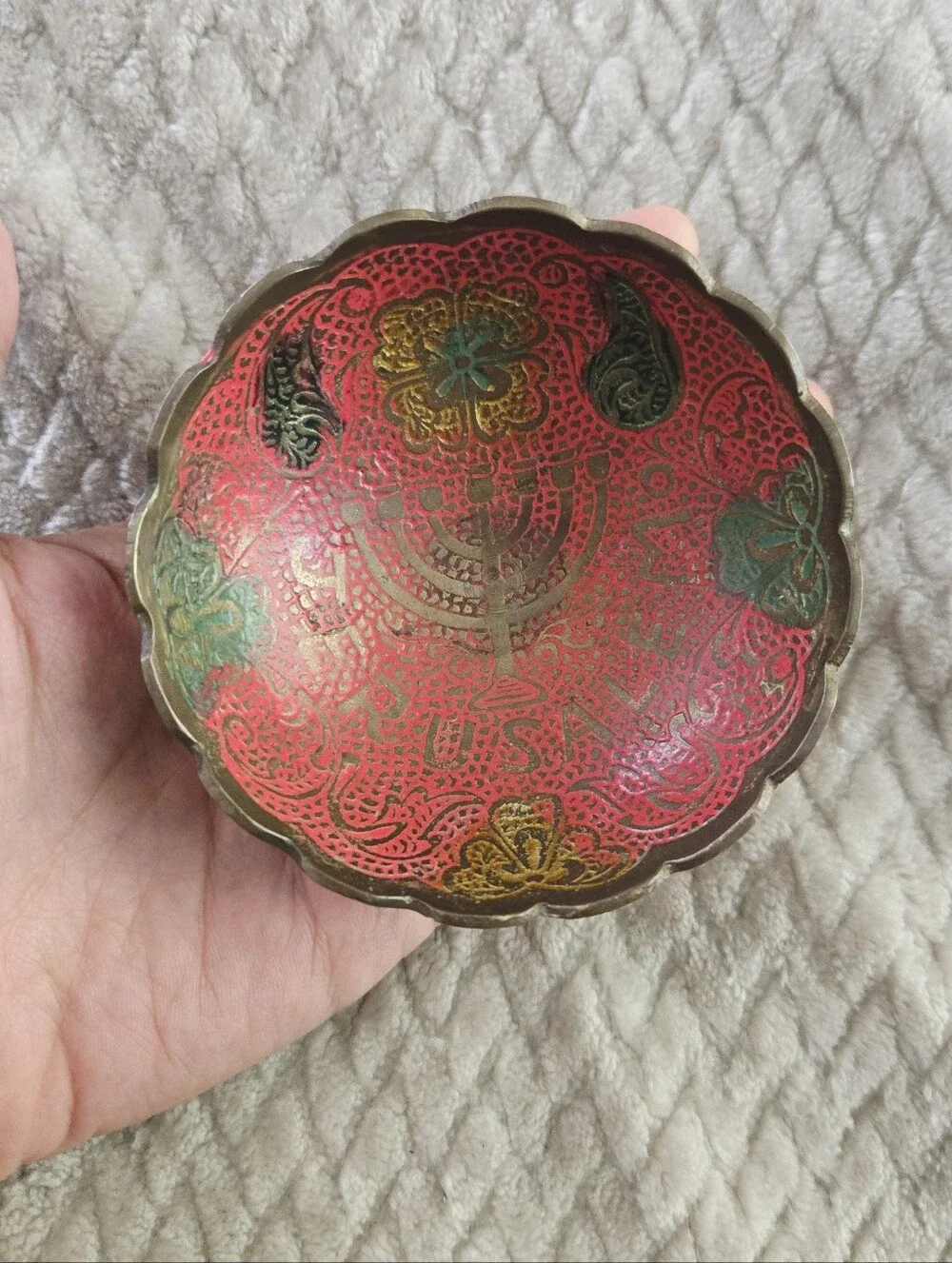 Vintage Ornate Red & Brass Tiny Bowl / Ring Dish – Judaic Trinket Catchall